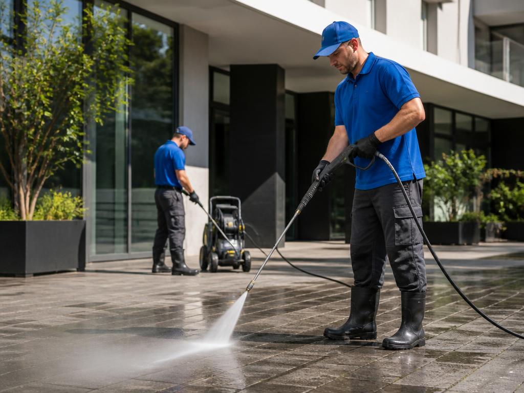 Pressure washing of a paved courtyard outside a building