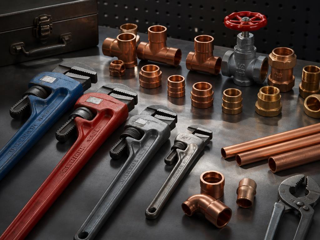 Plumbing tools and copper pipe fittings laid out on a workbench